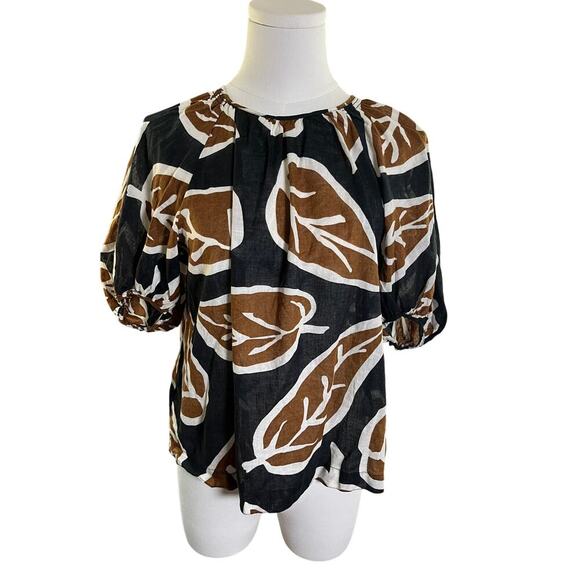 Who What Wear Puff Sleeve Top XS Linen Blend Brown Black Print‎ Minimal - Picture 1 of 8